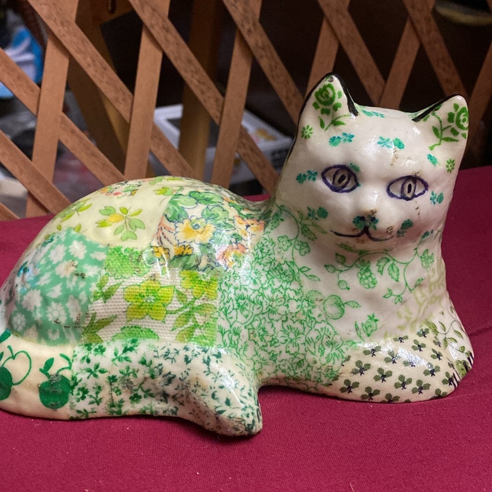Decoupaged cat green floral heavy vintage kitsch signed by artist